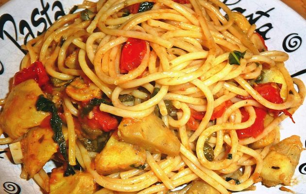 Spaghetti aux artichauts, anchois et tomates cerise