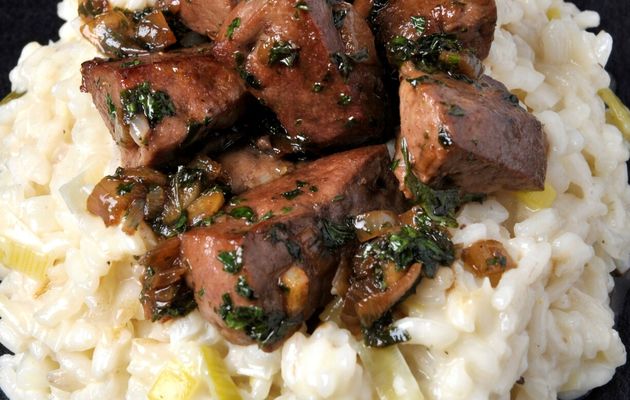 Risotto aux poireaux, foie de veau au vinaigre balsamique