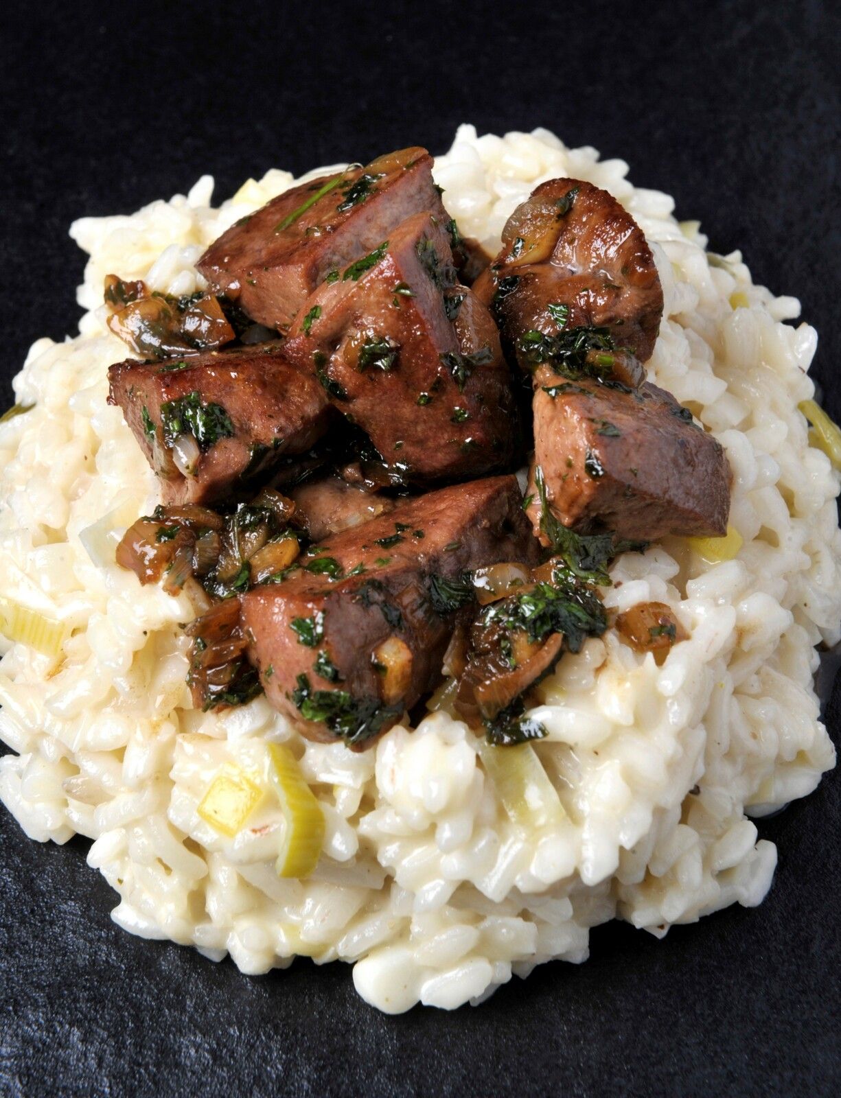 Risotto aux poireaux, foie de veau au vinaigre balsamique